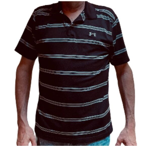 UNDER ARMOUR Black Gray Striped Collar Polo Shirt HeatGear Loose Mens Large - Picture 2 of 15